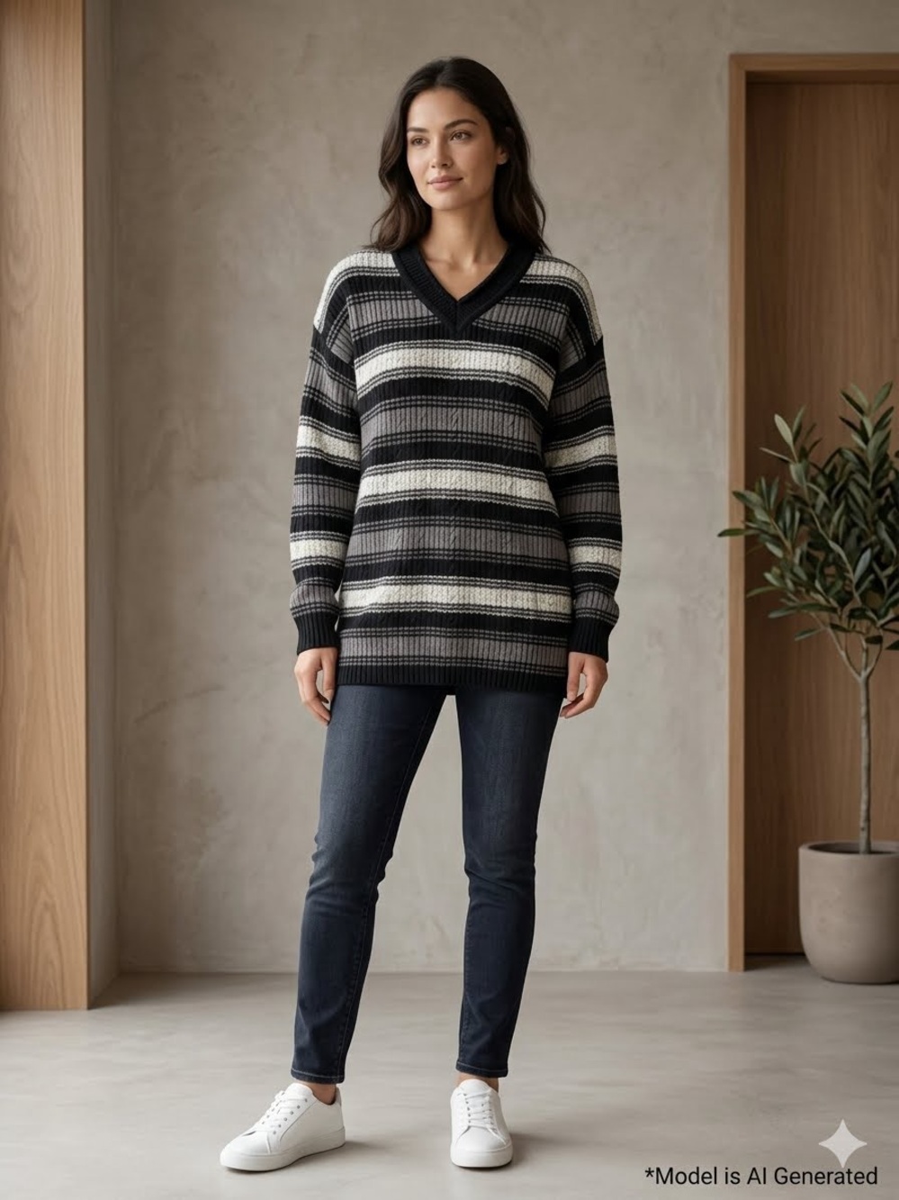 VTG Cabin Creek Striped V-Neck Sweater Women Sz L Black Grey White Tunic Knit